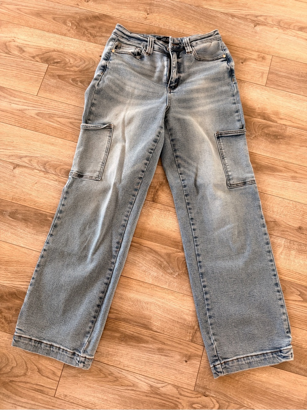 Judy Blue High Waist Cargo Wide Leg Jeans Light Wash Stretch 7/28
